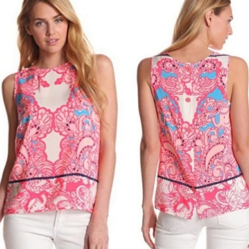 Lilly Pulitzer Iona Silk Shell Tank Top XS Button Back Paisley Elephants Shells